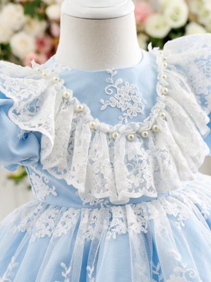 Satin & Mesh Pearl Lace Edge Short Sleeve Midi Dresses - image 15