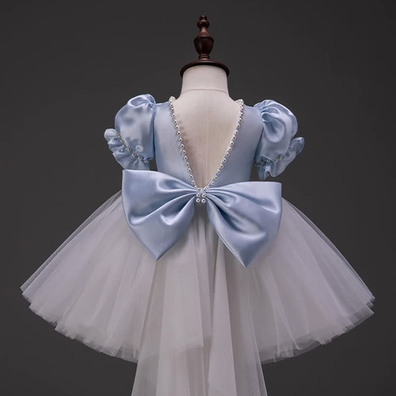 Satin Bow Imitation Pearls Short Sleeve Mid-long Dresses - image 3