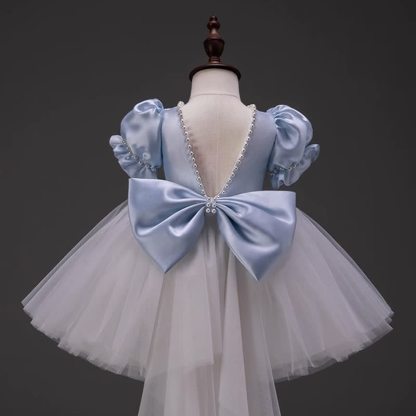 Satin Bow Imitation Pearls Short Sleeve Mid-long Dresses - image 3