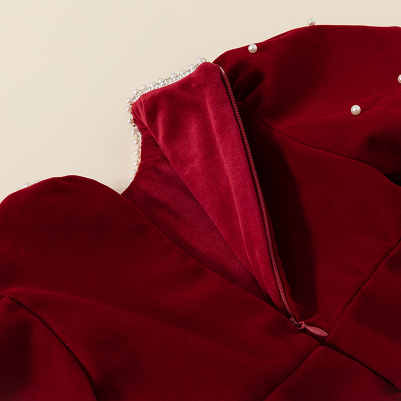 Velvet Imitation Pearls Short Sleeve Midi Dresses - image 11