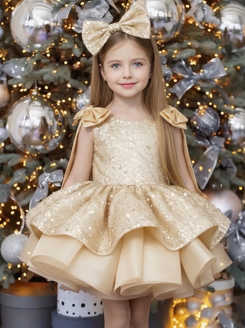 Glitter Bow Sleeveless Midi Dresses - Champagne - 12-13Y - image 9