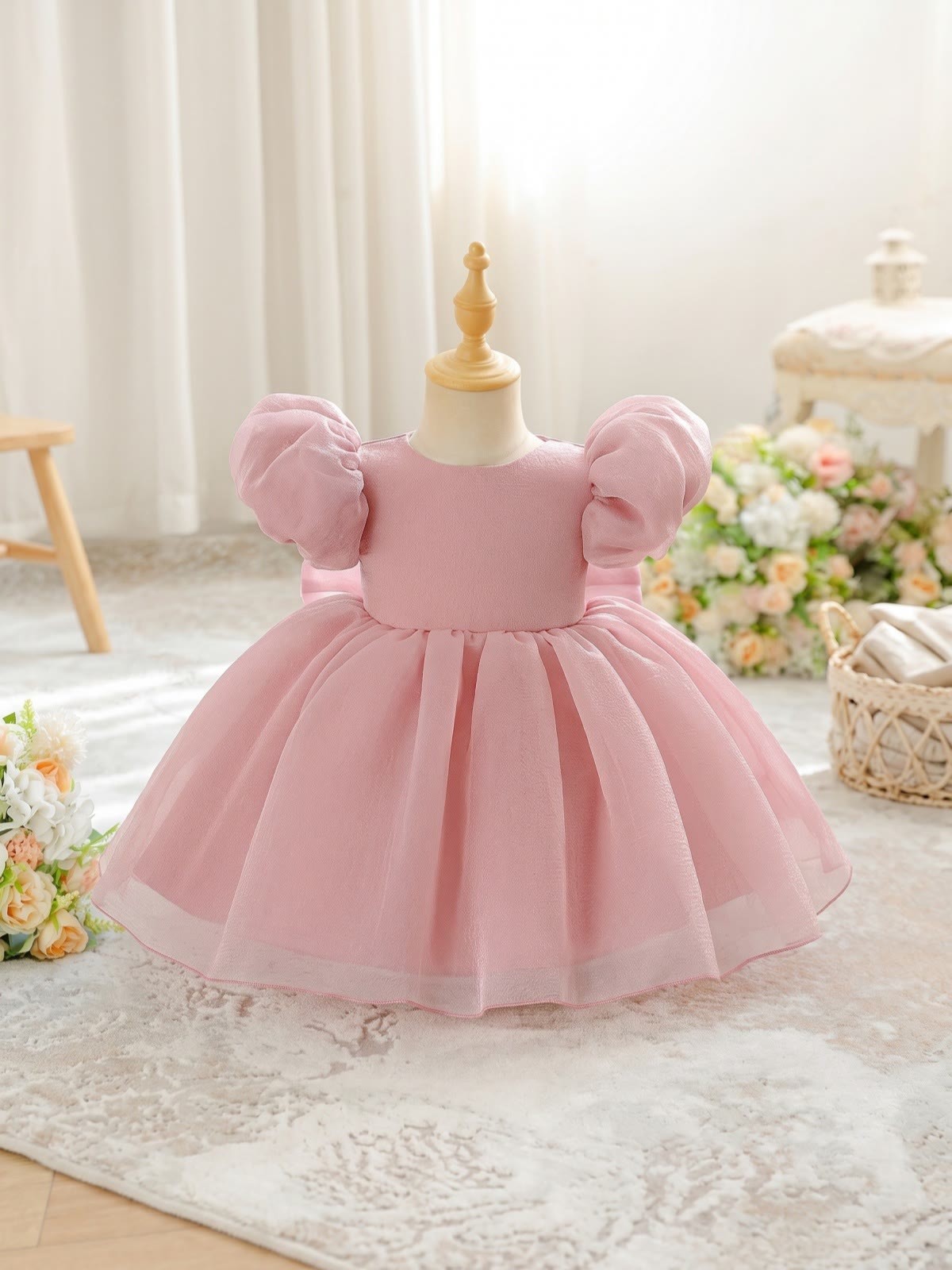 Organza Cotton-Blend Bow Ruched Short Sleeve Regular Dresses - image 3