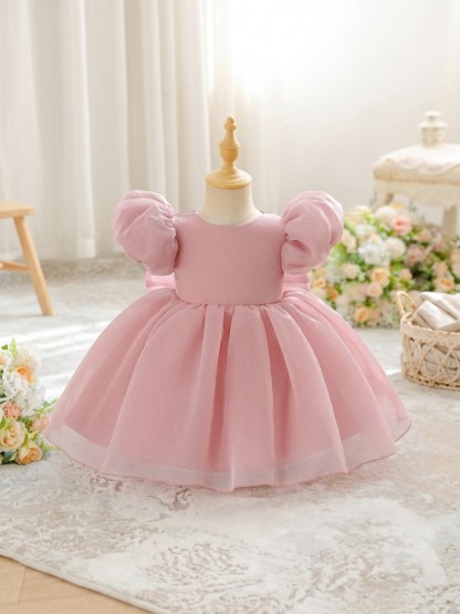 Organza Cotton-Blend Bow Ruched Short Sleeve Regular Dresses - image 3