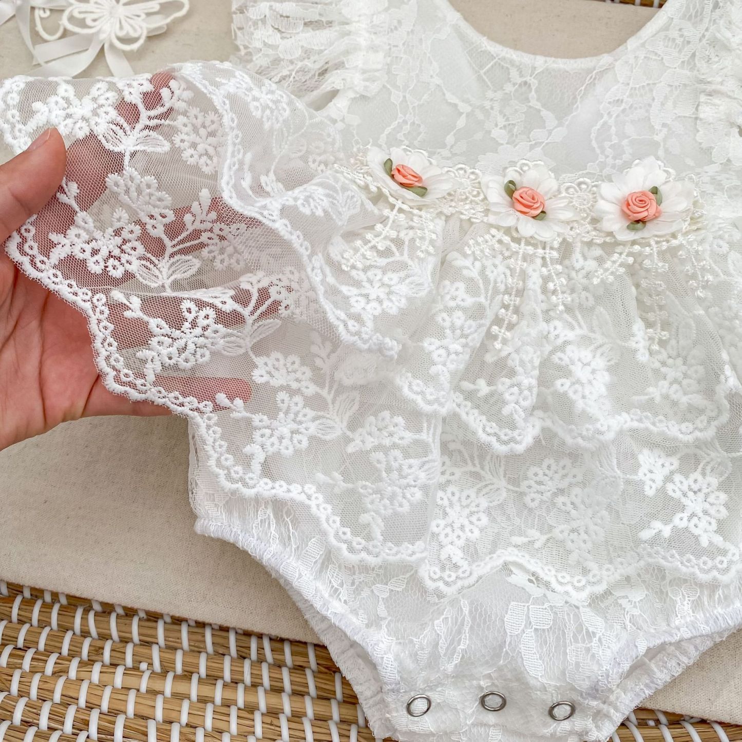 Lace Rosette Cap Sleeve Shorts Bodysuit - image 12