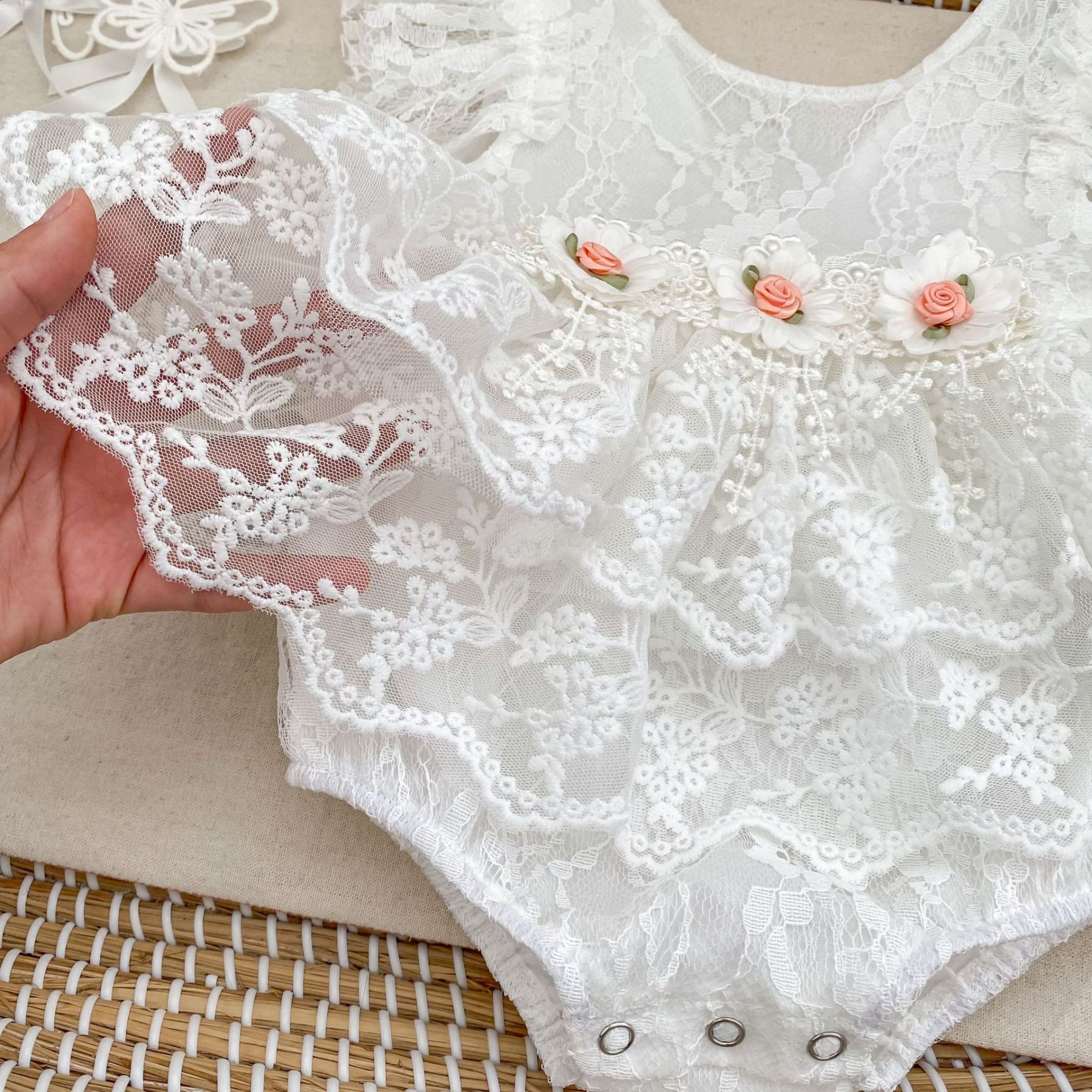 Lace Rosette Cap Sleeve Shorts Bodysuit - image 12