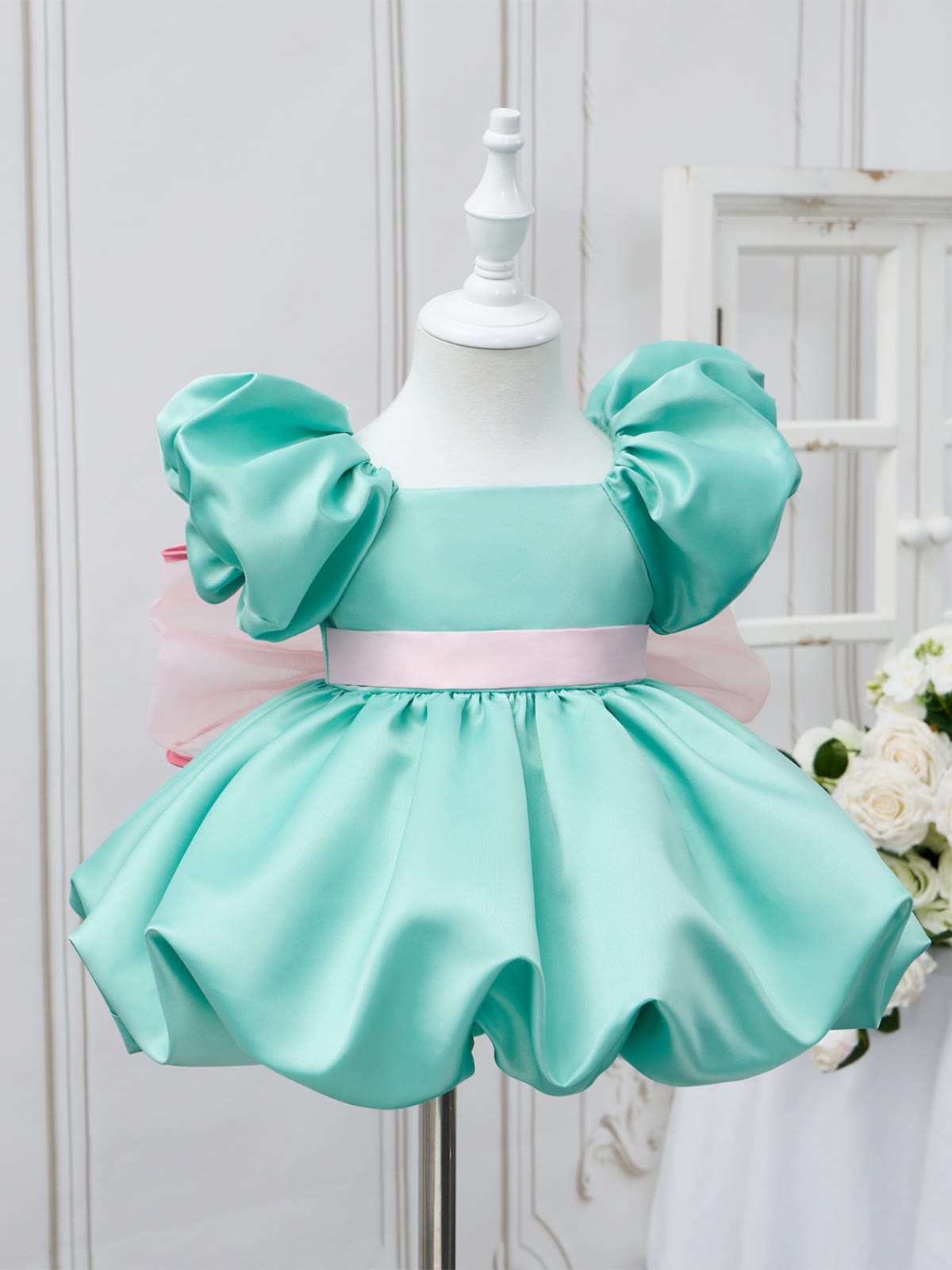 Satin Bow Short Sleeve Short Dresses - image 4