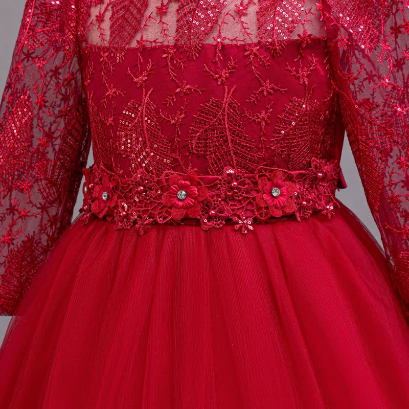 Embroidery Mesh Rosette Crystal Long Sleeve Maxi Dresses - image 22