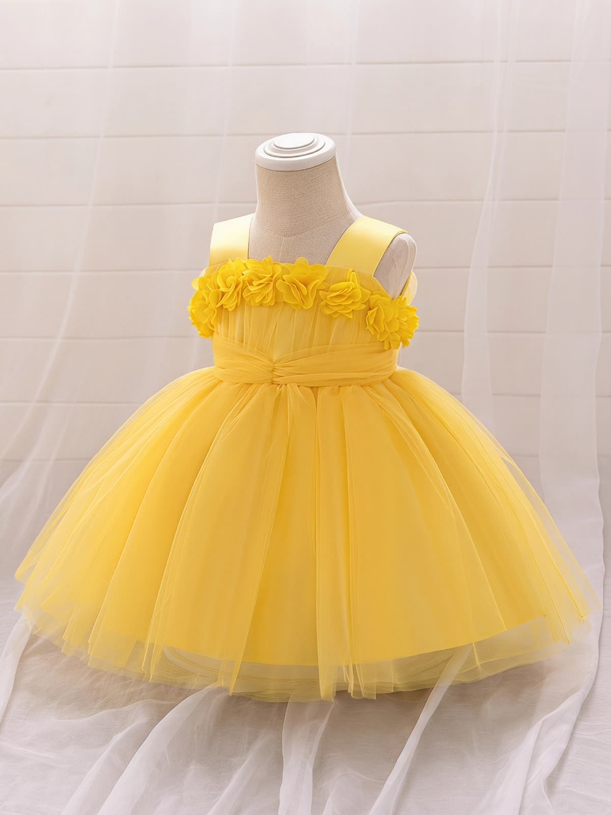Elegant Mesh Rosette Birthday Dress Matching Set – 3PCS Baby Girl Outfit with Headband & Shoes - image 15