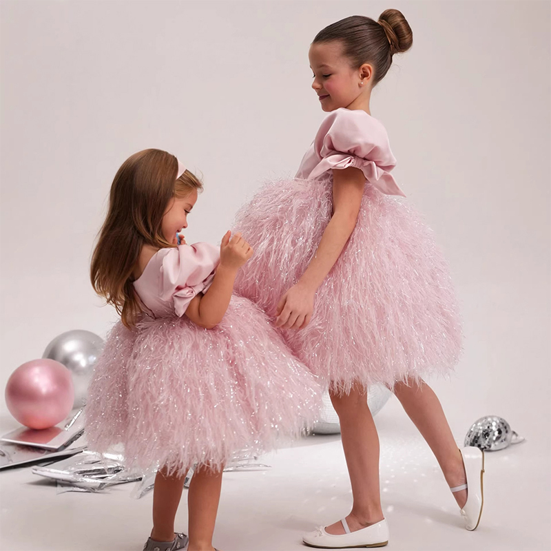 Satin Feather-trimmed Short Sleeve Midi Dresses - image 4