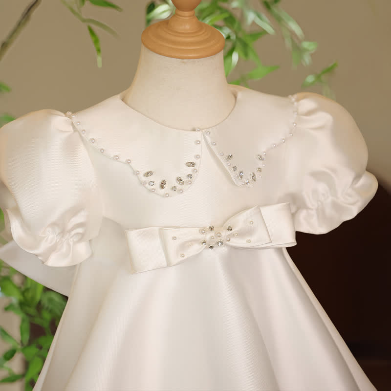 Satin Pearl Bow Short Sleeve Midi Dresses - image 4