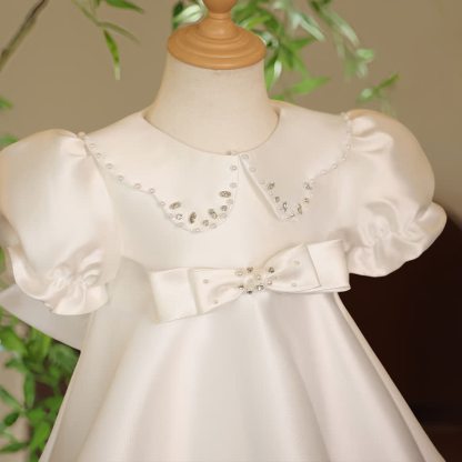 Satin Pearl Bow Short Sleeve Midi Dresses - image 4