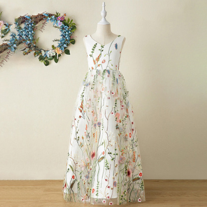 Mesh Floral-embroidered Sleeveless Long Dresses - image 6