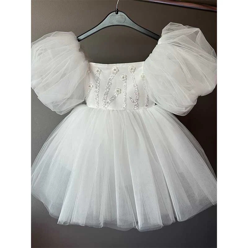 Mesh Applique Sequins Short Sleeve Midi Dresses - White - 12-13Y - image 4