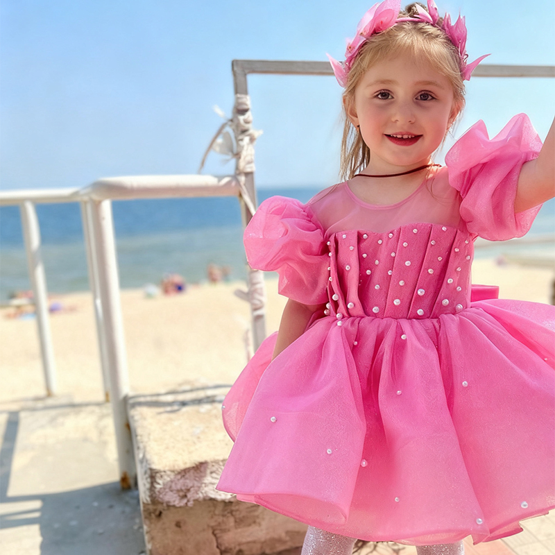 Chemical Fiber Blend Bow Imitation Pearls Short Sleeve Mid-long Dresses - image 15