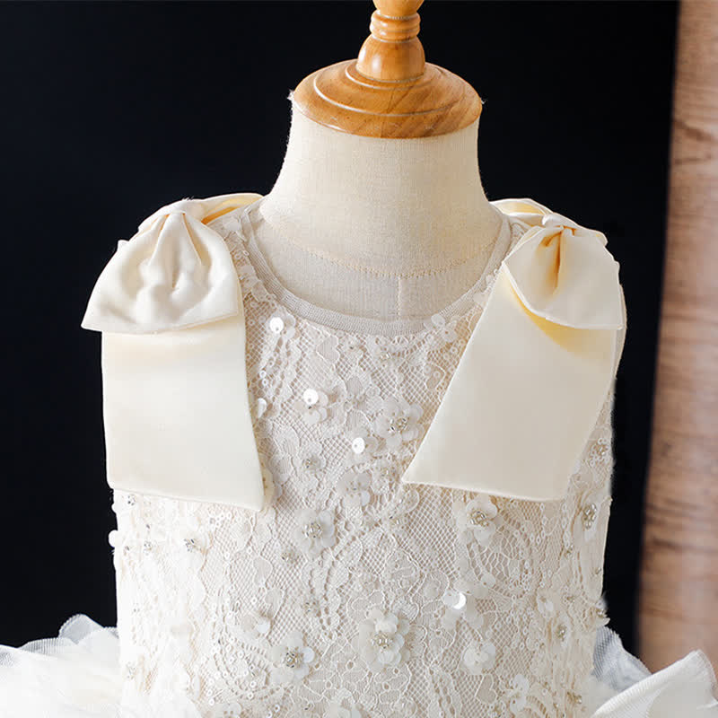 Chemical Fiber Blend Lace Bow Folds Sleeveless Mid-long Dresses - image 4