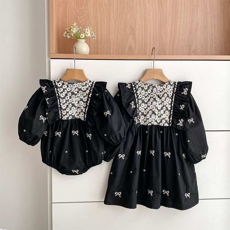 Cotton Bow Floral-embroidered Long Sleeve Regular Dresses&Bodysuit - image 11