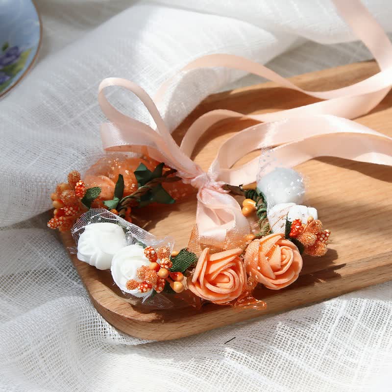 Solid Rosette Wrist Corsage - Orange White - 17CM - image 7