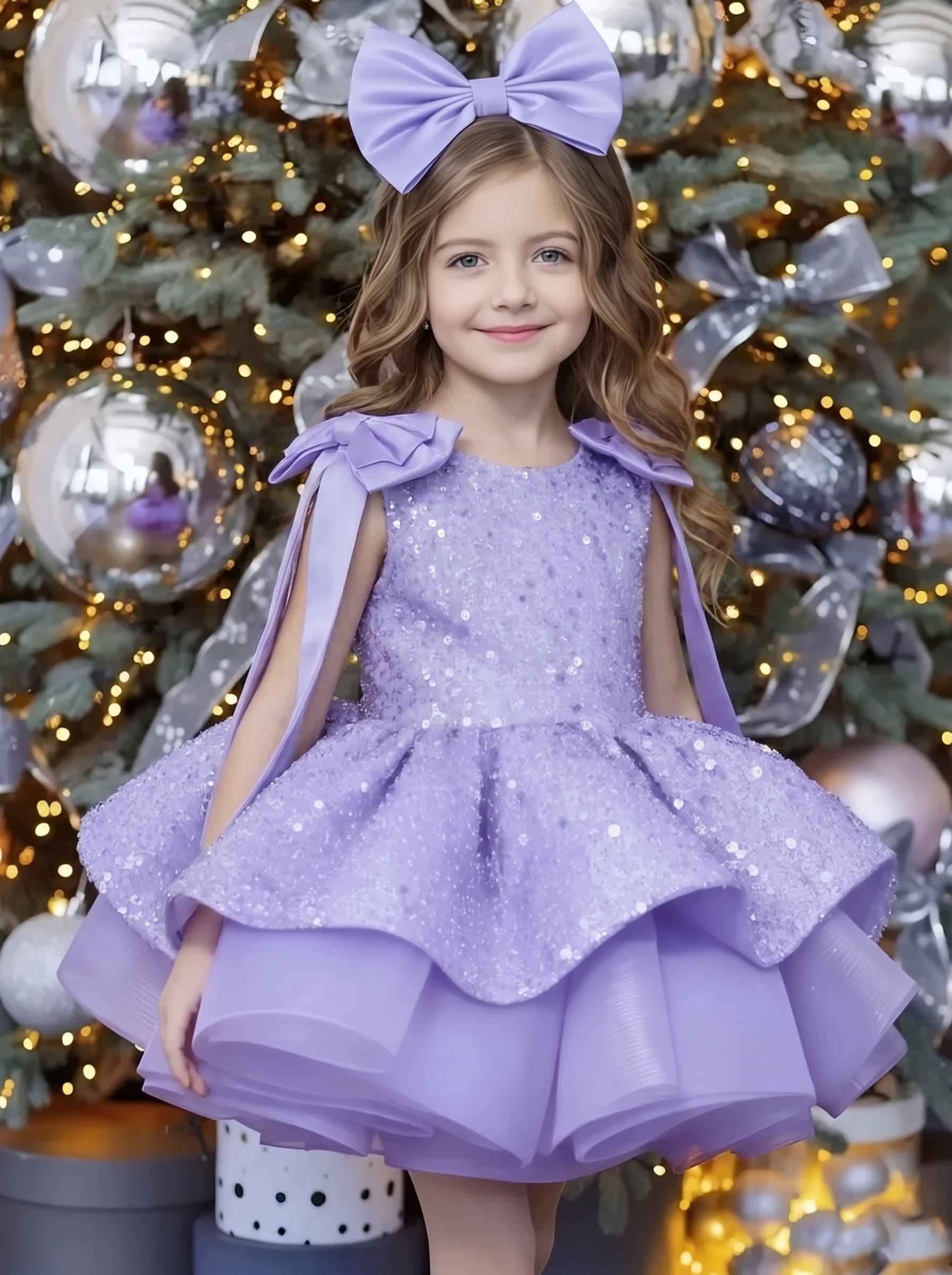 Glitter Bow Sleeveless Midi Dresses - Purple - 12-13Y - image 10
