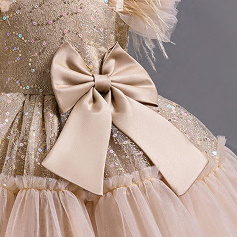 Mesh Feather-trimmed Bow Cap Sleeve Mid-long Dresses - image 28