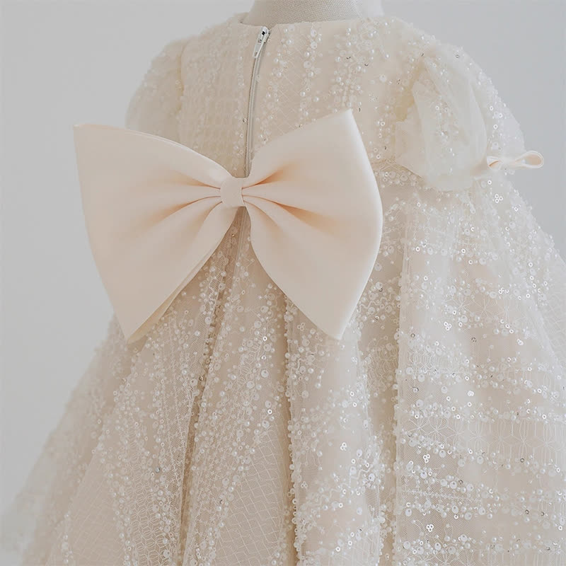 Chemical Fiber Blend Bow Beaded Short Sleeve Mid-long Dresses - image 5