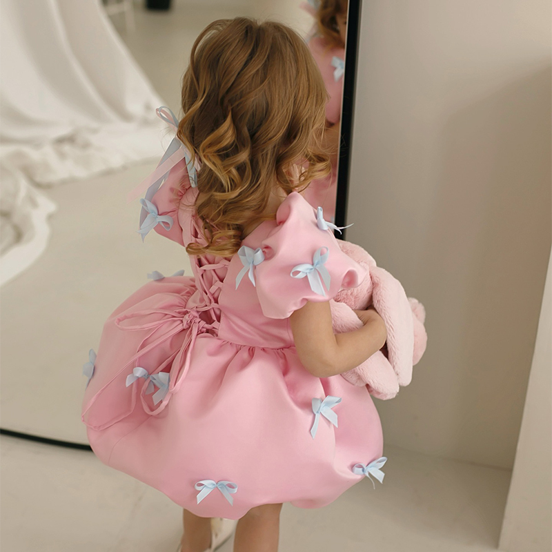 Satin Bow Short Sleeve Mid-long Dresses - image 3