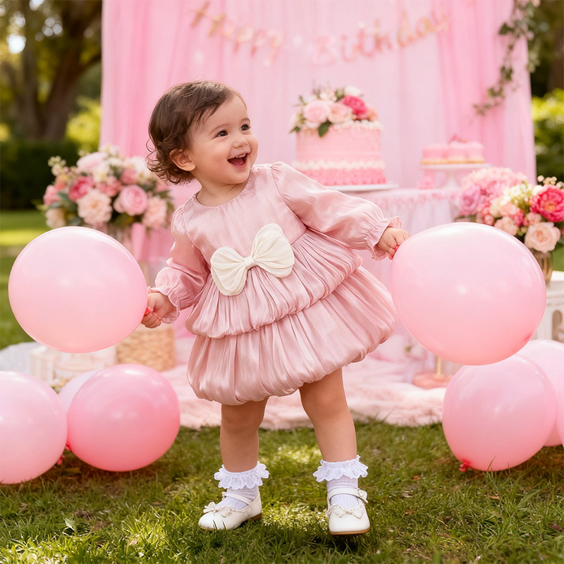 Cotton Folds Bow Long Sleeve Mid-long Dresses - image 5