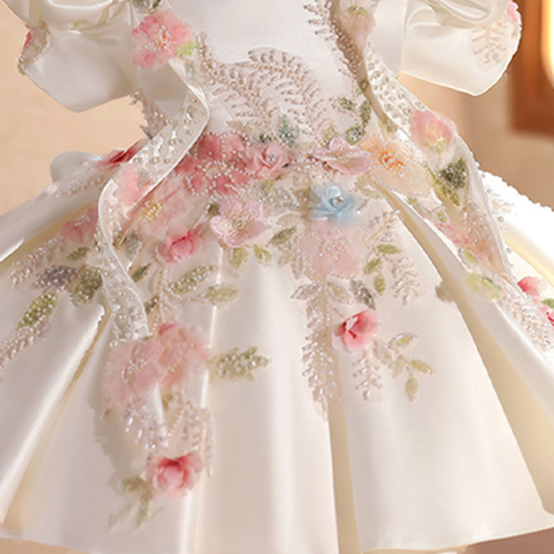 Satin & Embroidery Mesh Bow Rosette Short Sleeve Short Dresses - image 5