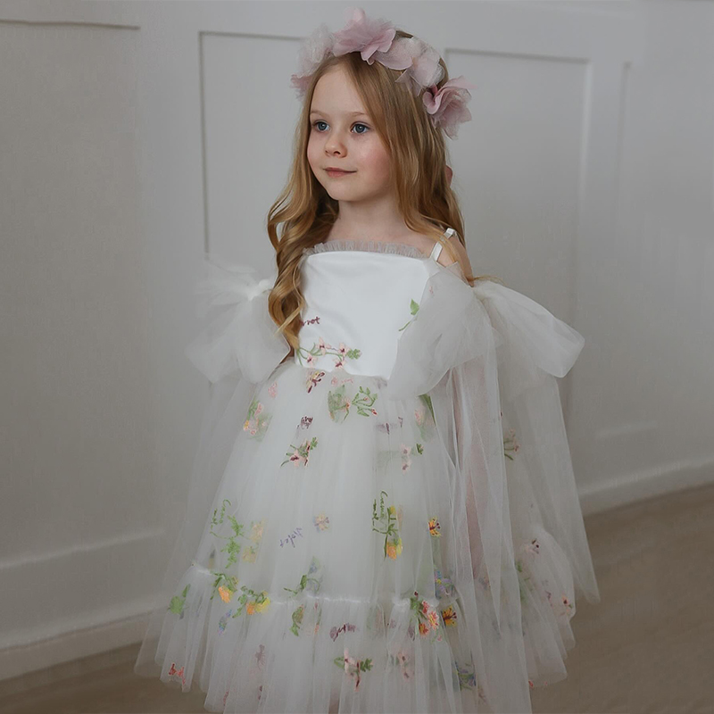 Mesh Floral-embroidered Sleeveless Mid-long Dresses - White - 5-6Y - image 34