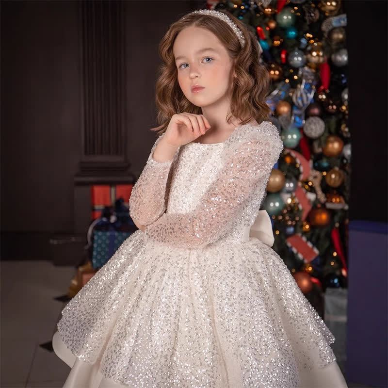 Satin Sequins Folds Long Sleeve Mid-long Dresses - image 5