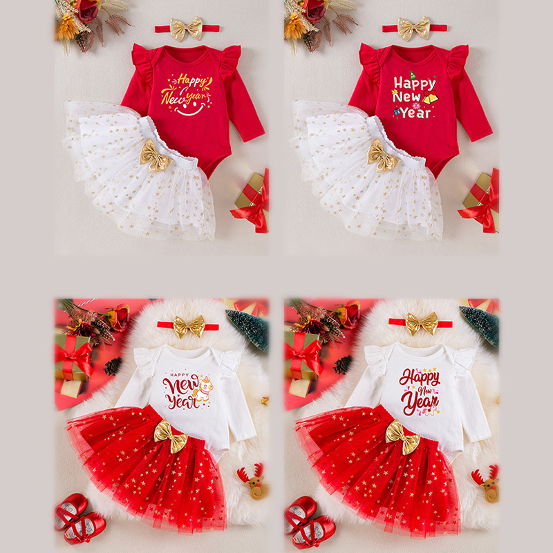 Mesh  Bow Printing Long Sleeve Regular Two-piece Set - Simple Text Red Skirt Set - 12-18M - image 10