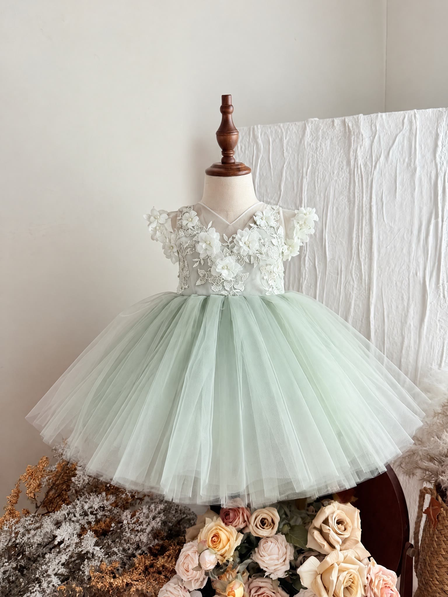 Mesh Rosette Short Sleeve Midi Dresses - Light Green - 11-12Y - image 6