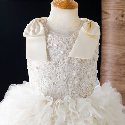 Chemical Fiber Blend Lace Bow Folds Sleeveless Mid-long Dresses - image 3