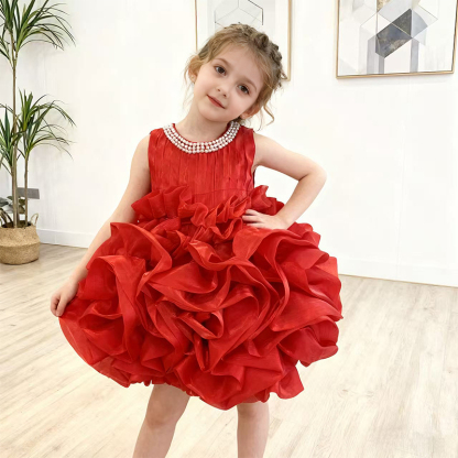 Organza Imitation Pearls Rosette Sleeveless Midi Dresses - Red - 7Y - image 10