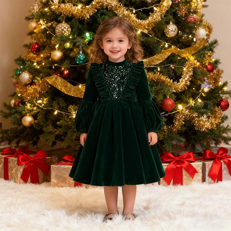 Velvet Sequins Flouncing Half Sleeve Mid-long Dresses - Long Green - 12-13Y - image 20