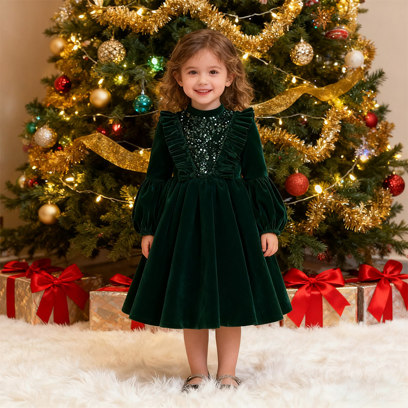 Velvet Sequins Flouncing Half Sleeve Mid-long Dresses - Long Green - 12-13Y - image 20