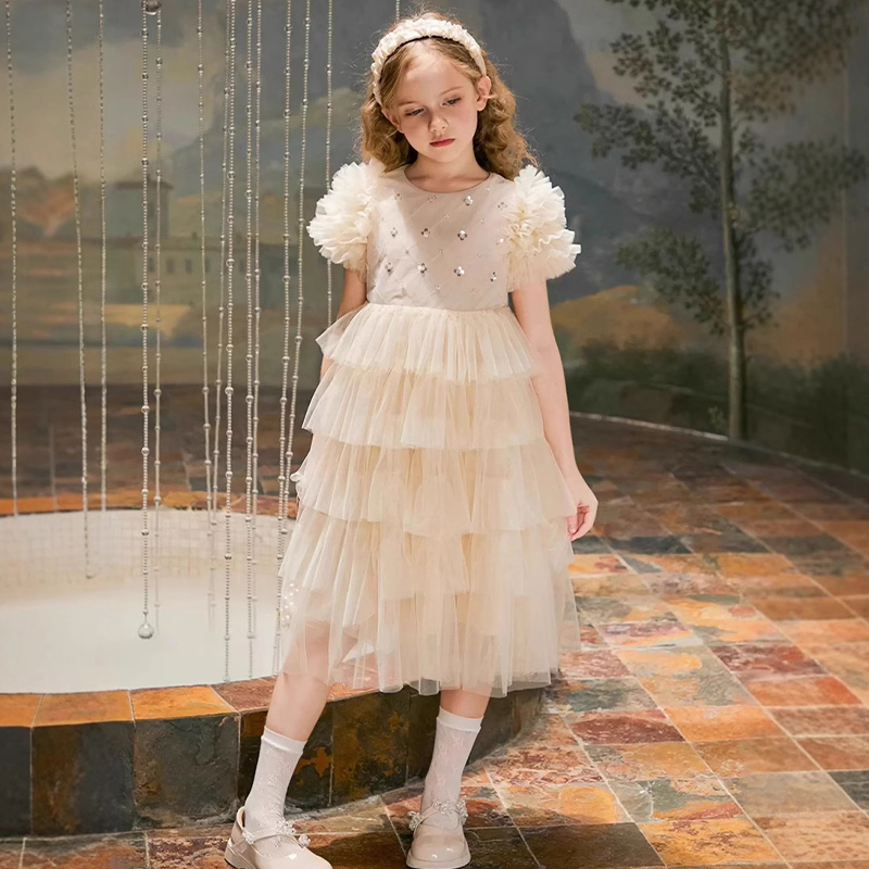 Mesh Folds Short Sleeve Mid-long Dresses - Champagne - 10-11Y - image 1