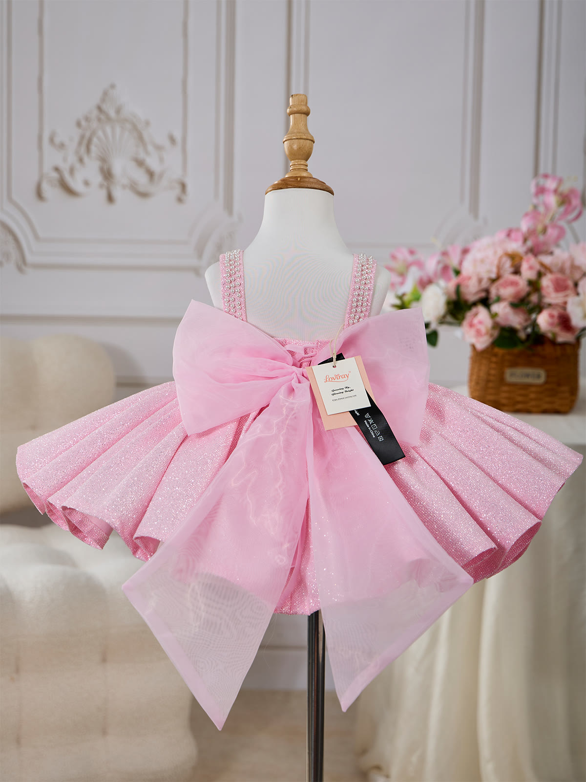 Sparkle Tulle Pearl Bow Sleeveless Short Dresses - image 5
