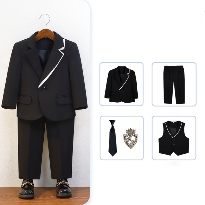 Chemical Fiber Blend Tie Regular Sleeve Regular Formal Suit - Black - Vest 5-piece Set - 170cm - image 19