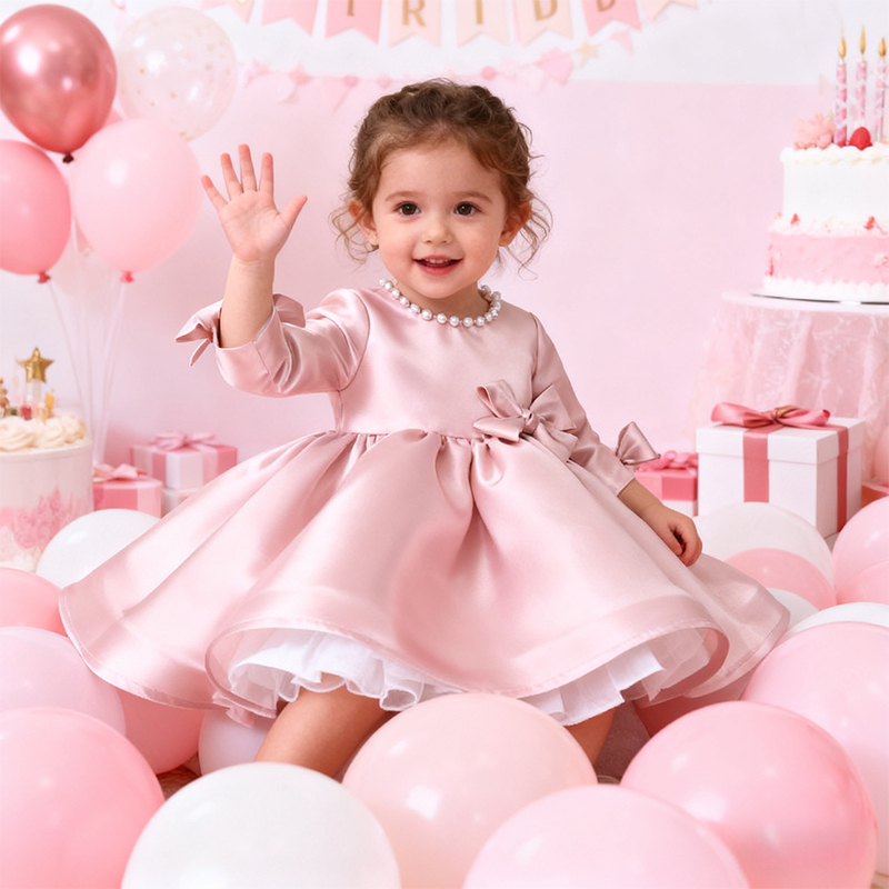 [Archive Sale] Satin Bow Imitation Pearls Long Sleeve Mid-long Dresses - image 3