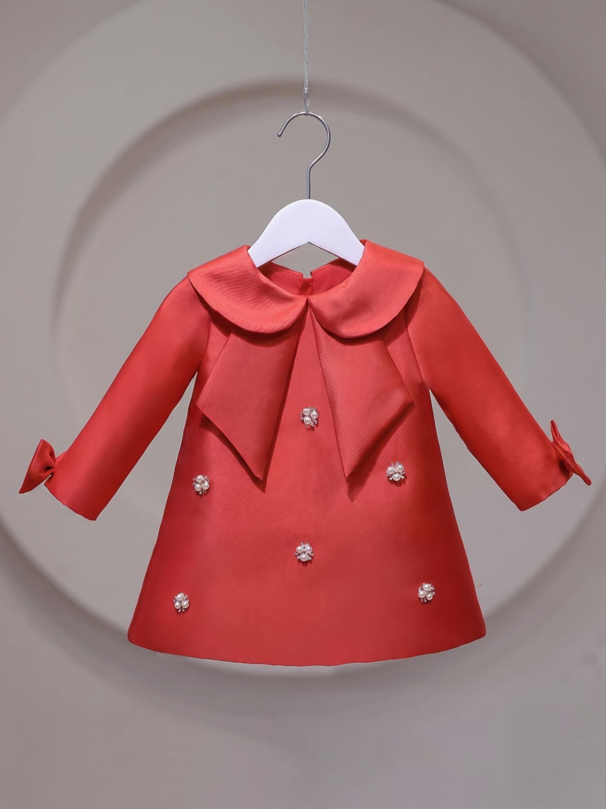 Satin Bow Long sleeve Midi Dresses - Red - 7-8Y - image 7