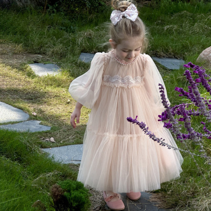 [Archive Sale] Mesh Folds Lace Long Sleeve Mid-long Dresses - image 15