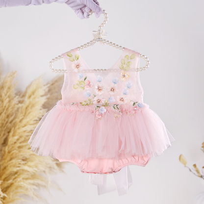 Mesh Applique Sleeveless Shorts Bodysuit - Pink - 24M - image 1