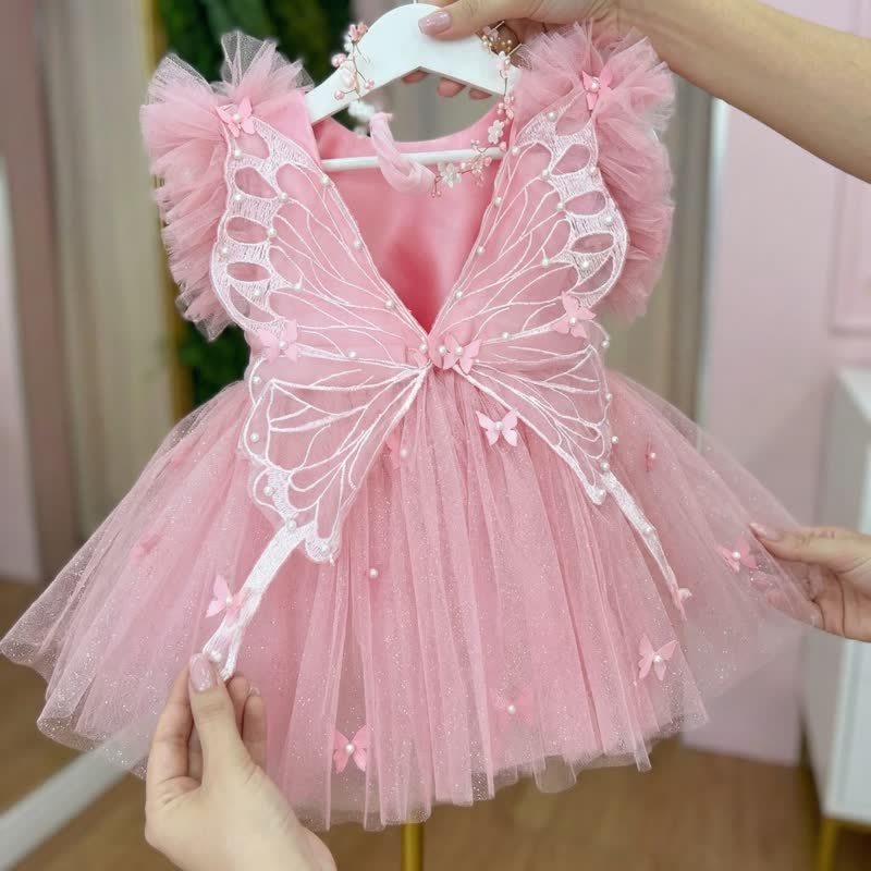 Mesh Pearl Butterfly Short Sleeve Short Dresses - image 5