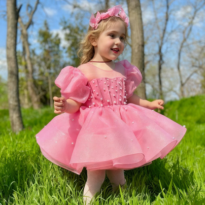 Chemical Fiber Blend Bow Imitation Pearls Short Sleeve Mid-long Dresses - image 11