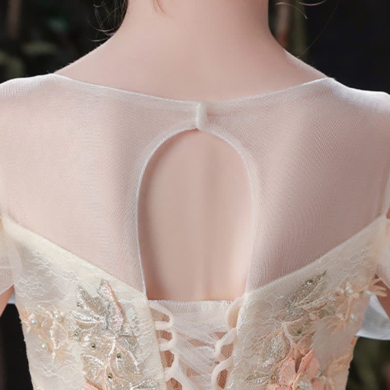 Chemical Fiber Blend Folds Rosette Cap Sleeve Maxi Dresses - image 7