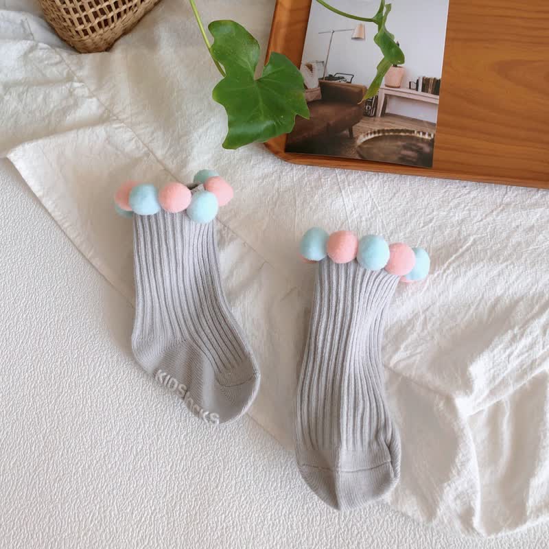 Polka Dots Fuzzy Ball Socks - Blue Pink Gray - 2-4Y - image 9