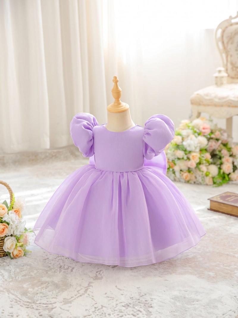 Organza Cotton-Blend Bow Ruched Short Sleeve Regular Dresses - Purple - 2-3Y - image 9