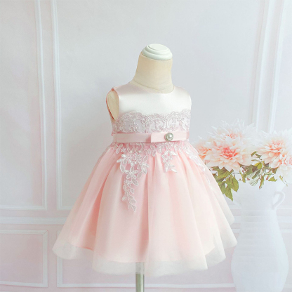 Satin Imitation Pearls Bow Sleeveless Mid-long Dresses - image 8