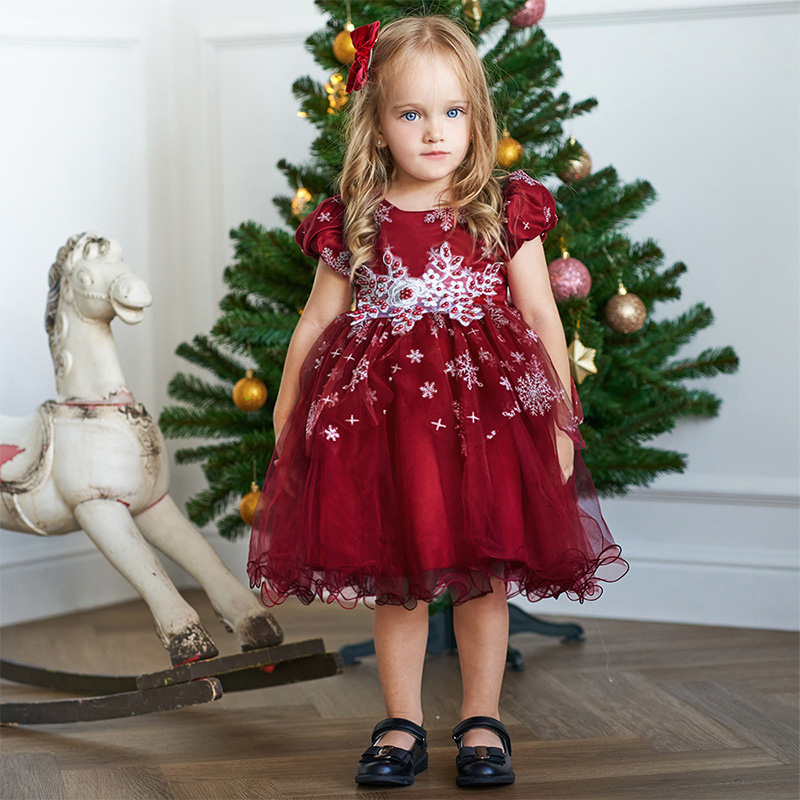 Mesh Christmas Folds Rosette Short Sleeve Mid-long Dresses - image 17