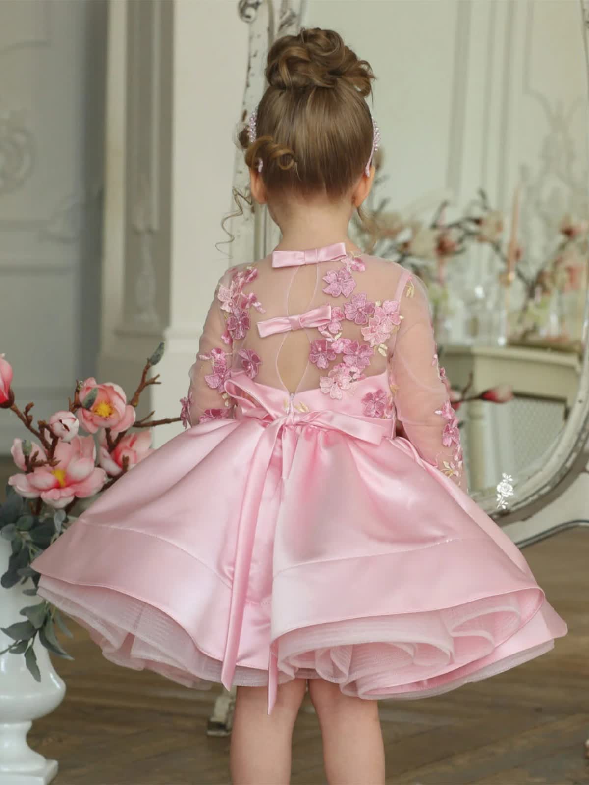 Chemical Fiber Blend Rosette Long Sleeve Short Dresses - image 3